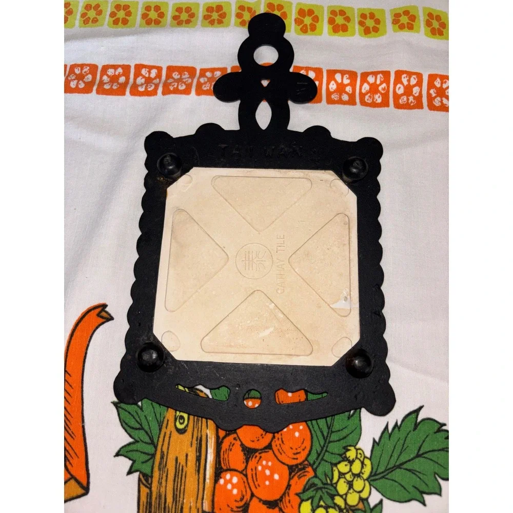Vintage Cathay Tile Cast Iron Trivet Wall Hanger Hot Plate Retro 70s Decor
